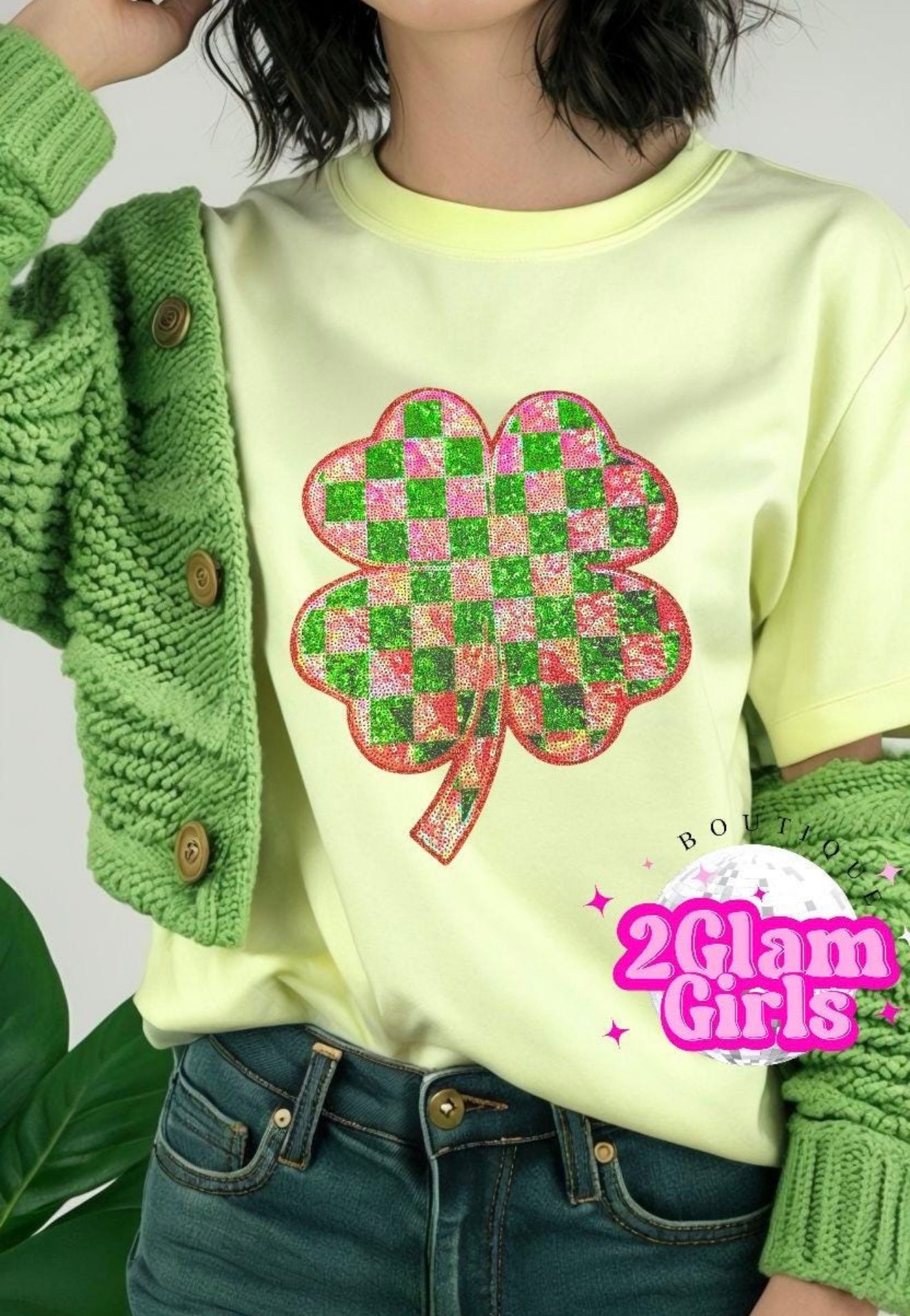 Checkered Pink and Green Shamrock Shirt Patch ~ Iron on shirt Patch ~ Sequin shirt patch ~ St Pattys Shirt Patch