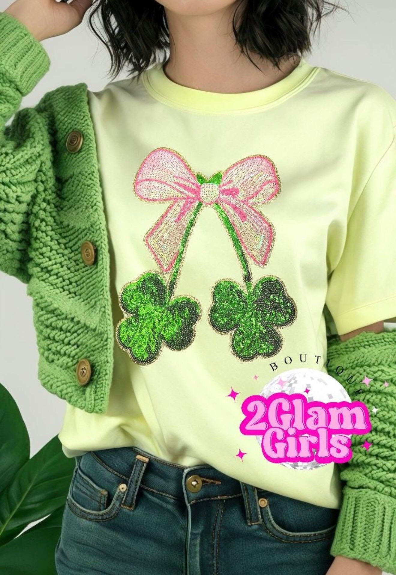 St Pattys shamrock and pink bow shirt patch ~ Sequin and glitter iron on patch ~ Coqette Bow patch