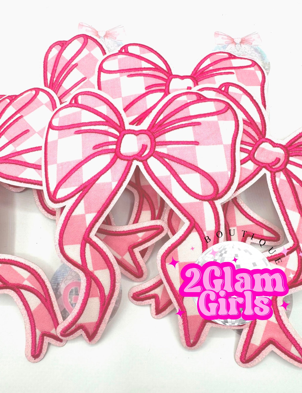 Pink Checkered Side Bows with dark pink threads outlined ~ Shirt Side Bows ~ Hat Bows ~ Pink Glitter ~ lined bows