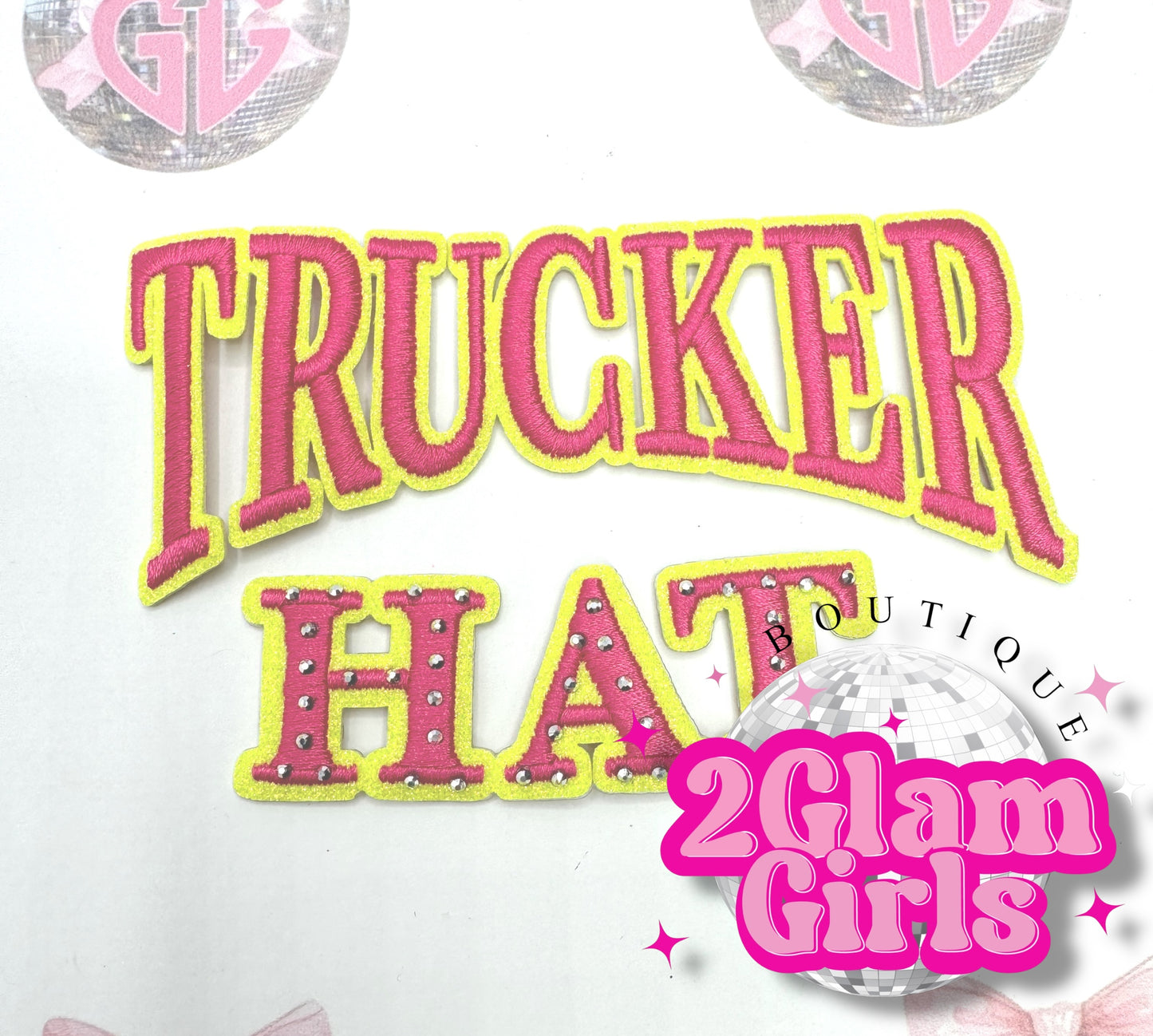 Trucker Hat patch ~ rhinestones and neon pink/ neon yellow