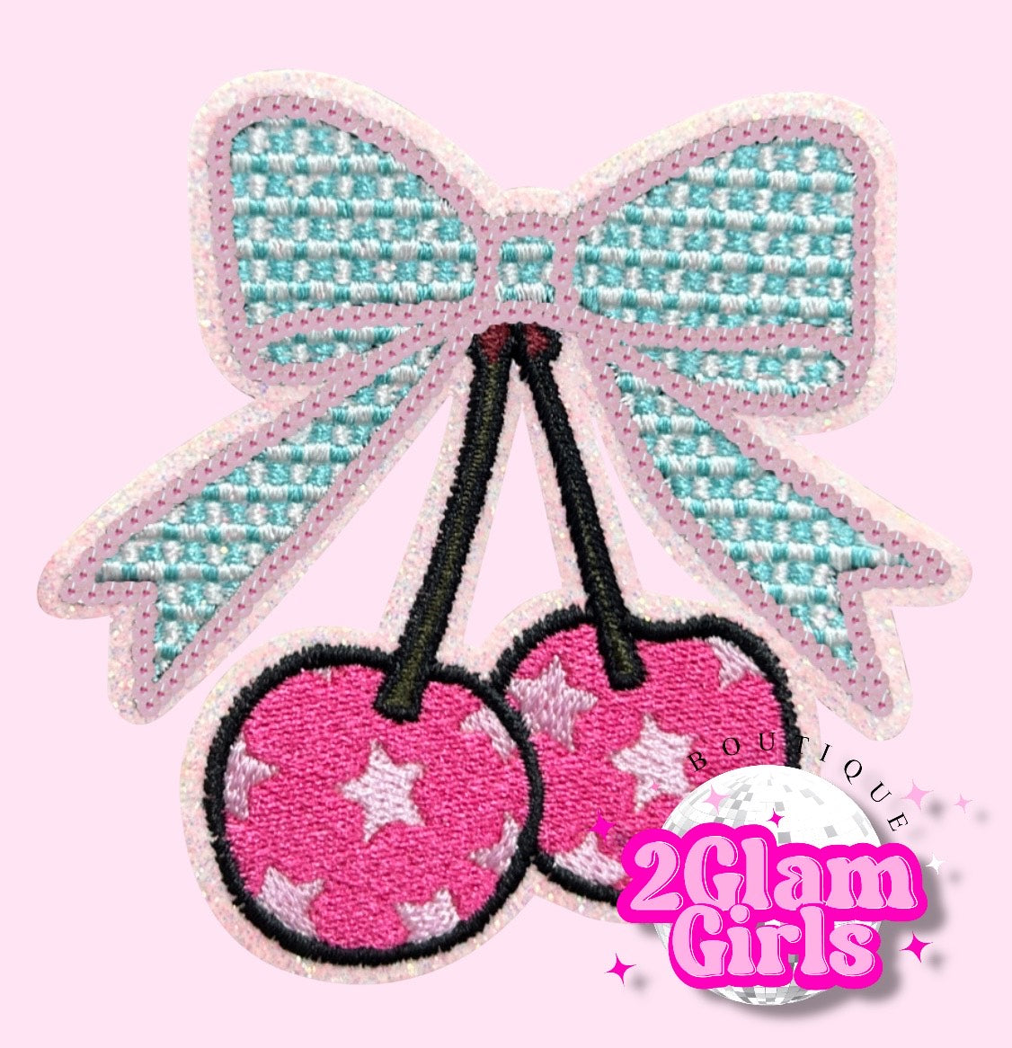 Miss America Cherries with stars ~ Blue check with Sequins Border
