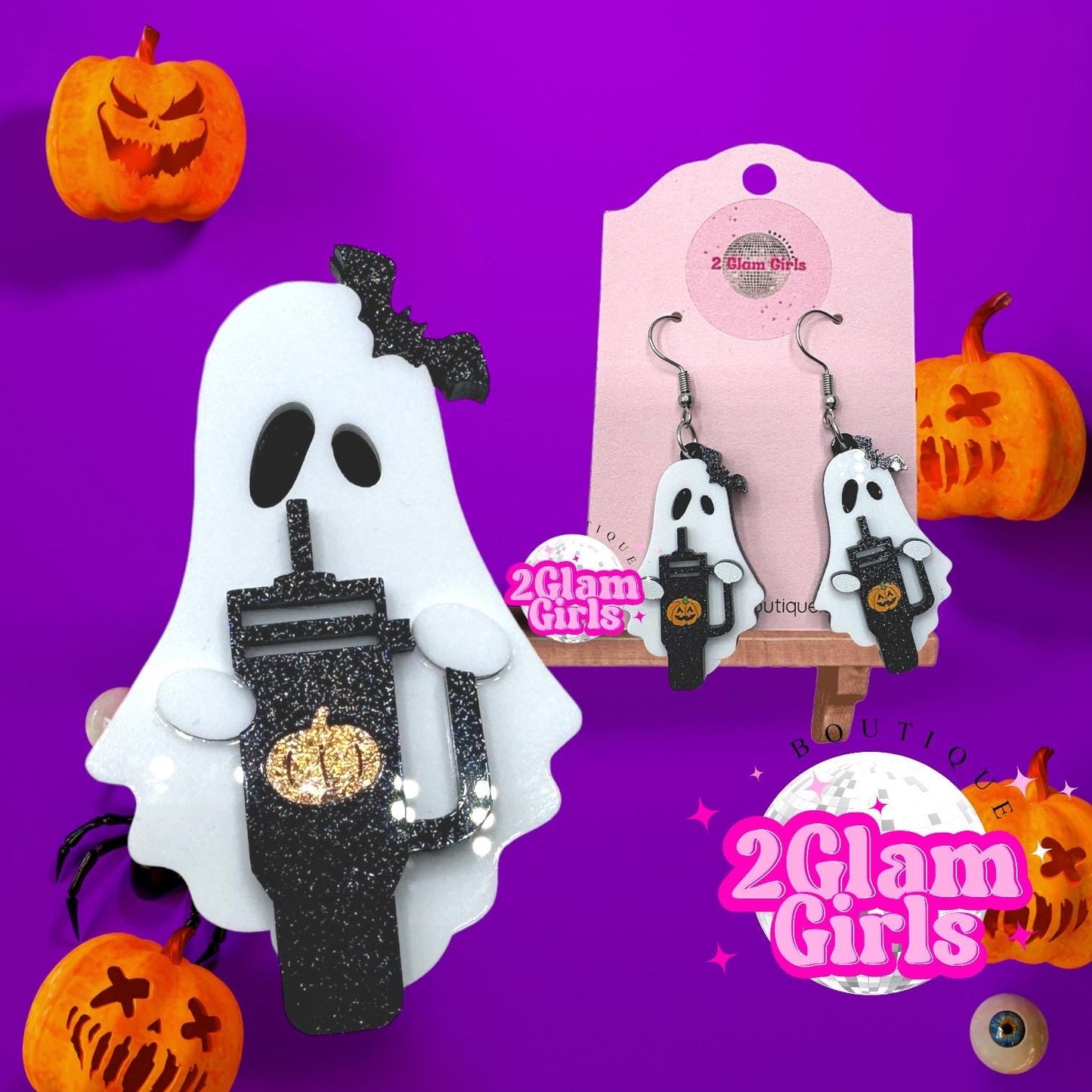 Ghost with Tumbler Earrings ~ Ghost with tumbler Brooch ~ ghost with tumbler