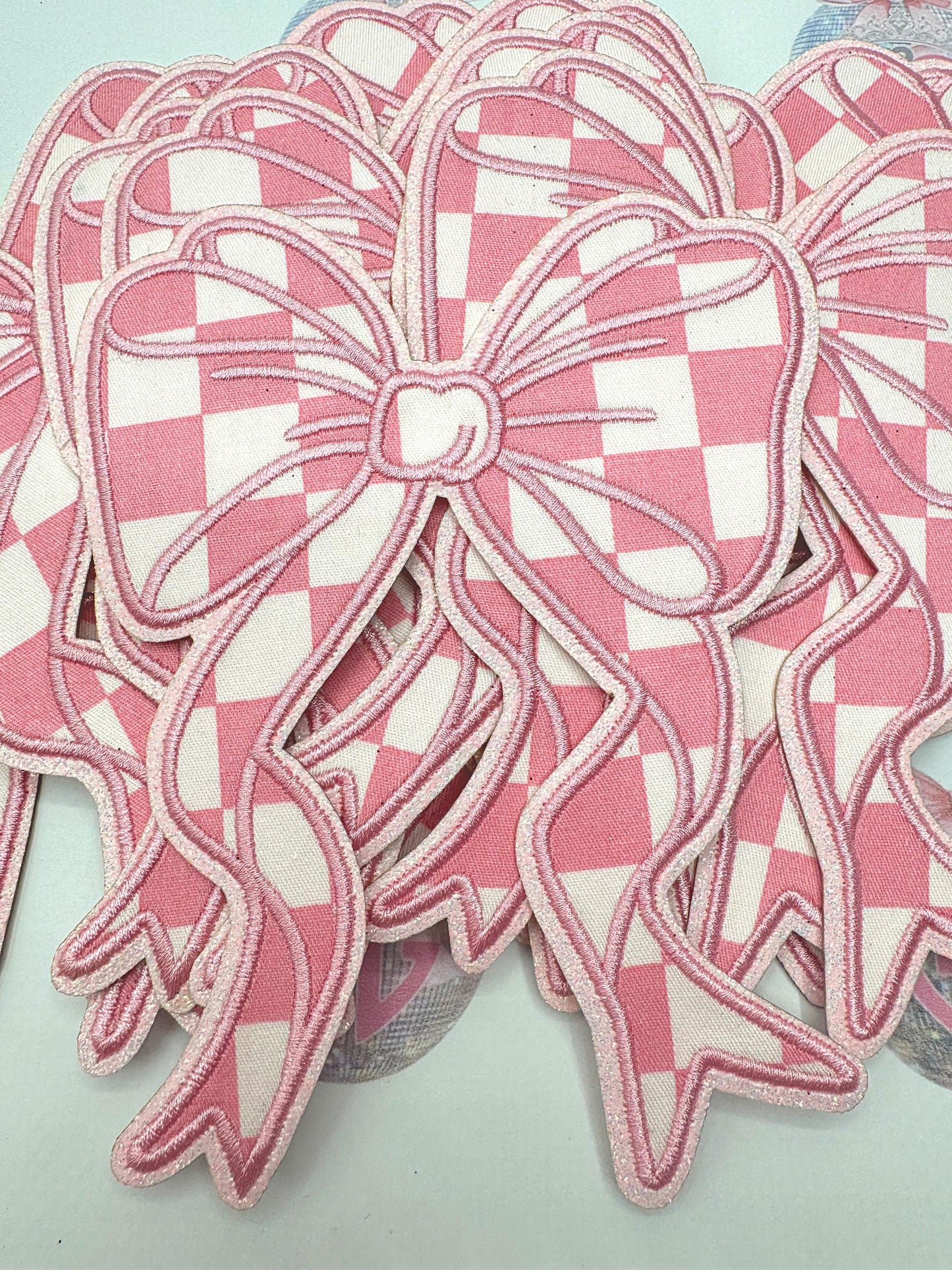 Side Bows ~ Pink and white check with light pink threads ~ iron on Bows ~ hat bows