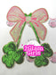 St Pattys shamrock and pink bow shirt patch ~ Sequin and glitter iron on patch ~ Coqette Bow patch