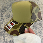 olive green and brown front split camo trucker hat