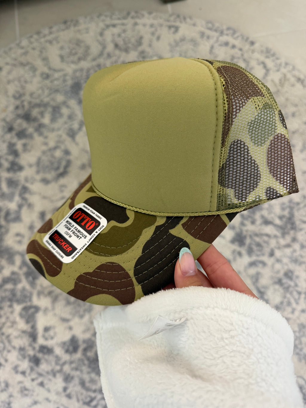 olive green and brown front split camo trucker hat