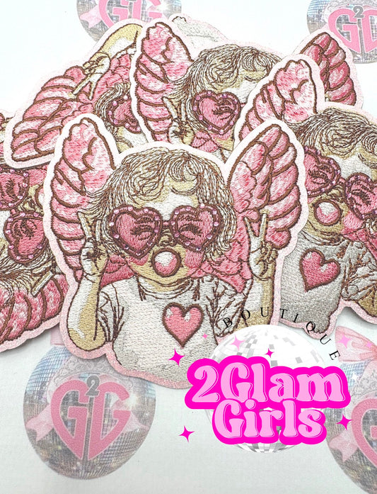 Trucker Hat Patch ~ Retro Cupid ~ Spsrkle glasses ~ glitter iron on patch
