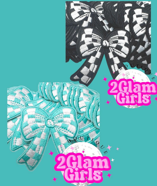 Trucker Hat Patch ~ Checkered Bows ~ Mint and Black Checkered iron on bows