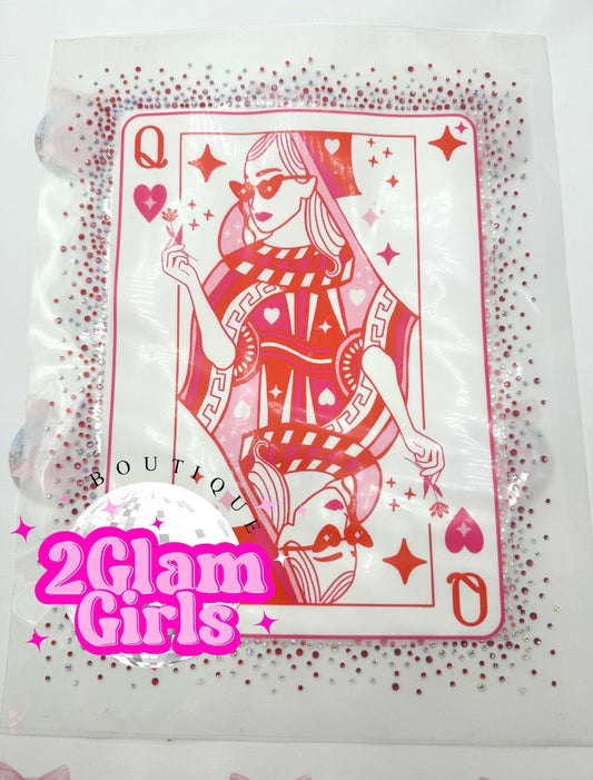 DTF print Ready to press Queen of Hearts Transfer with Rhinestones ~ DTF print ~ Valentine Print ~ Bling Transfer