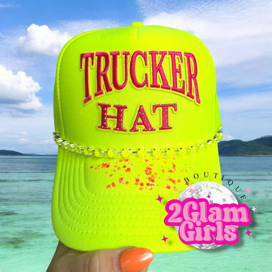 Trucker Hat patch ~ rhinestones and neon pink/ neon yellow