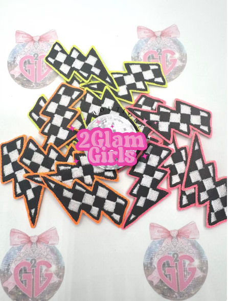 Trucker Hat Patch ~ Checkered Lightening Bolts ~ Neon Orange , Neon yellow and Neon pink Glitter hat patch