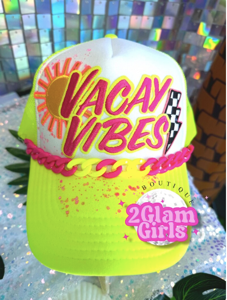 Trucker Hat Patch ~ Checkered Lightening Bolts ~ Neon Orange , Neon yellow and Neon pink Glitter hat patch