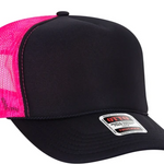 neon pink and black trucker hat
