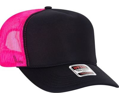 neon pink and black trucker hat