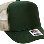 dark green, dark green and tan split trucker hat