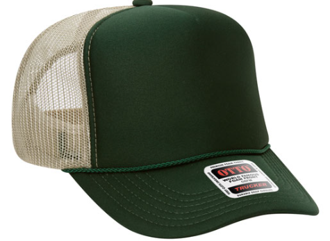 dark green, dark green and tan split trucker hat