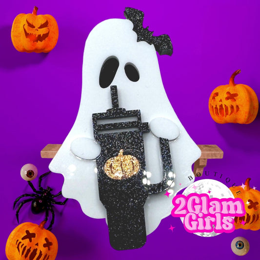 Ghost with Tumbler Earrings ~ Ghost with tumbler Brooch ~ ghost with tumbler