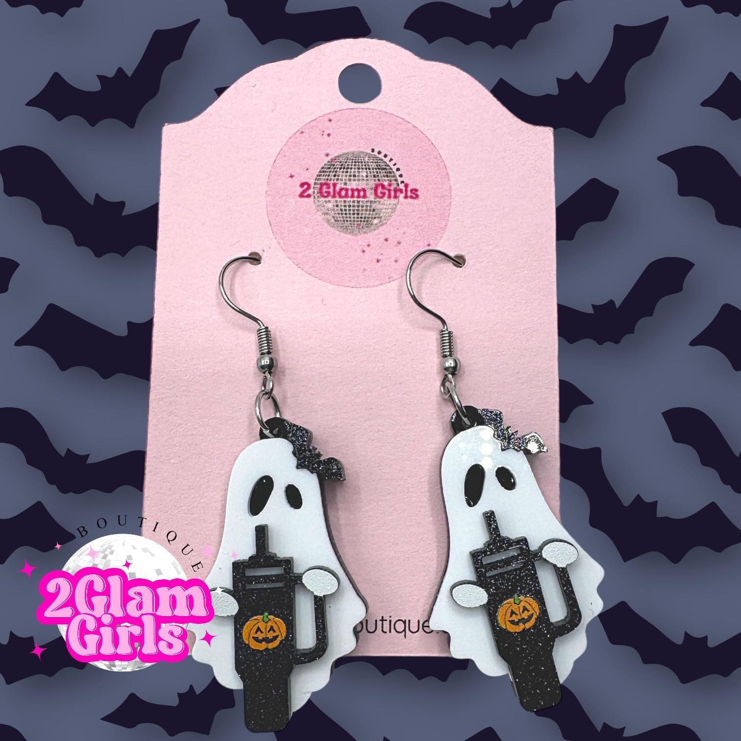 Ghost with Tumbler Earrings ~ Ghost with tumbler Brooch ~ ghost with tumbler